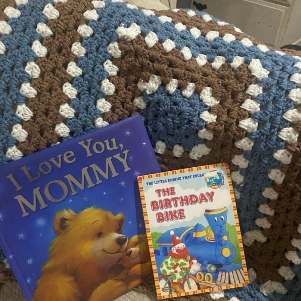 Handmade blue and brown blanket with book set.